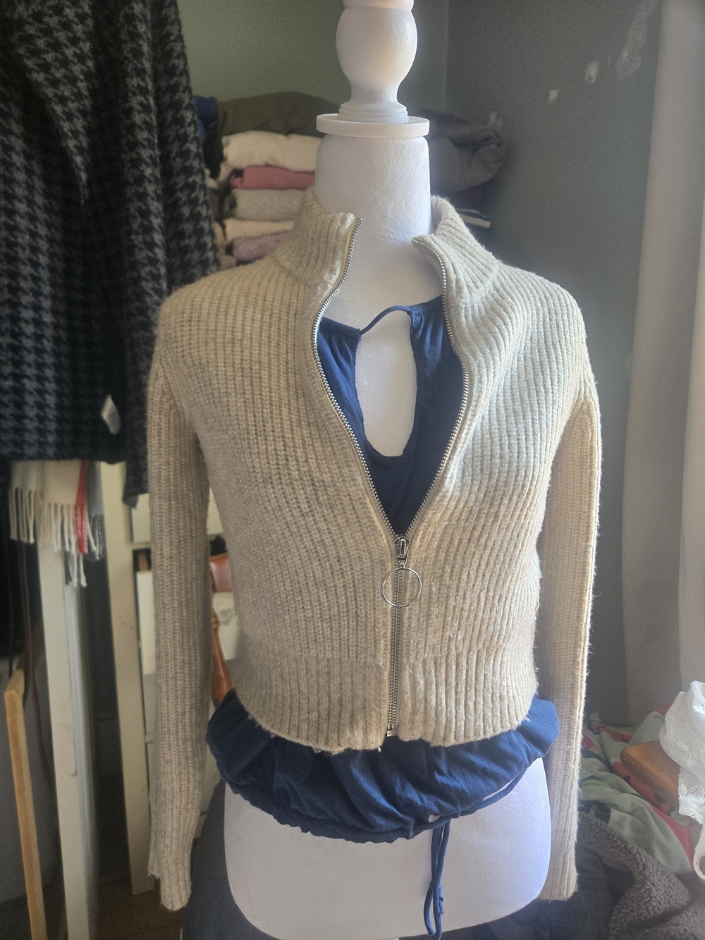 William Rast Cream Ribbed Zip-Front Sweater
